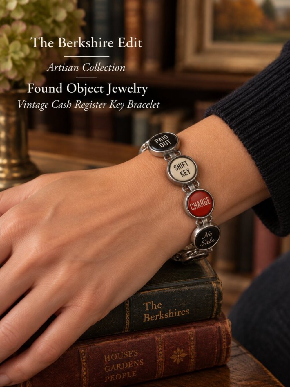 Vintage Cash Register Key Bracelet Found Object Assemblage Silver Tone 7.5"